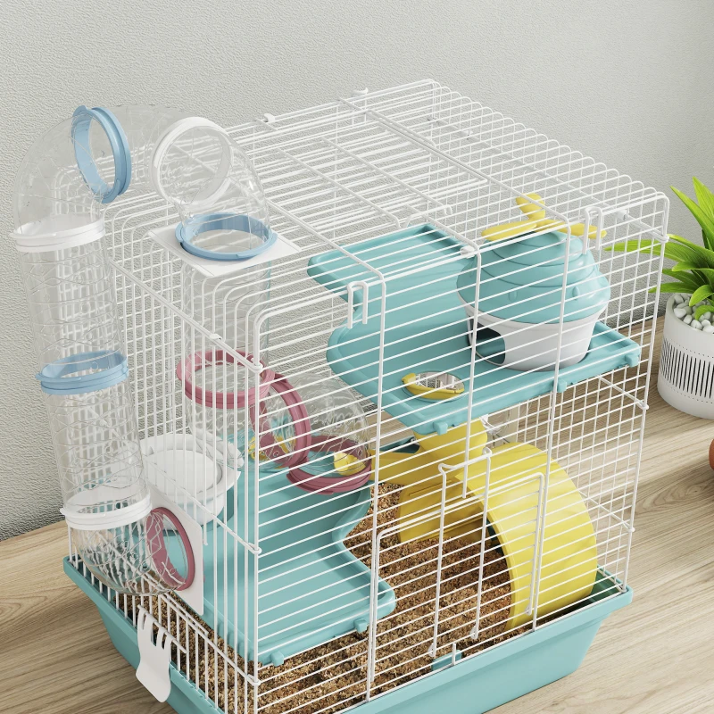 PawHut 3-Level Hamster Cage with Exercise Wheel, Water Bottle, Food Bowl, for Dwarf Hamsters, 34.5 x 27.5 x 41 cm, Blue