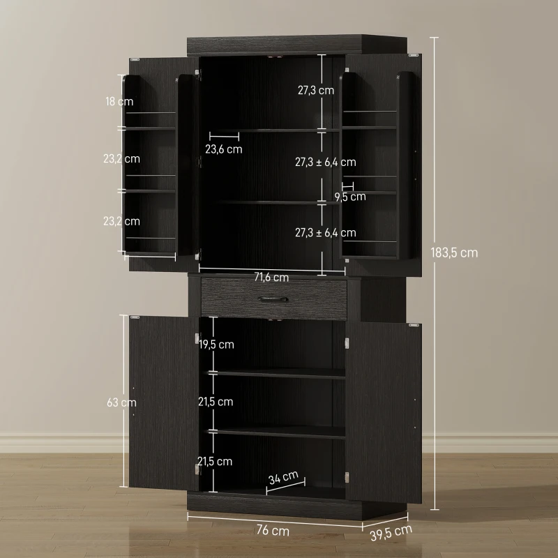 HOMCOM Dispensa Cucina in stile Country con 2 Armadietti, 6 Ripiani e Cassetto, in Legno, 76x39.5x183.5 cm, Nero