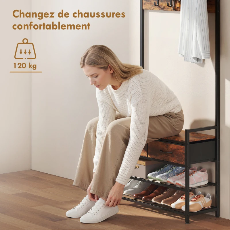 HOMCOM Porte-Manteau 5 en 1, Banc, Tringle, 10 Crochets Amovibles, 2 Tiroirs, Étagère à Chaussures, 80x30x181,5cm Brun Rustique