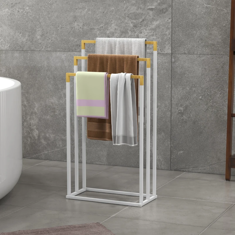 kleankin Porte-serviettes en bambou et acier sur pieds avec 3 barres support pour serviette 45 x 22,5 x 86 cm blanc et naturel
