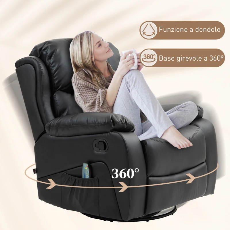 HOMCOM Poltrona Relax Reclinabile con 8 Punti Massaggianti, in Finta Pelle e Acciaio, 97x92x104 cm, Nero