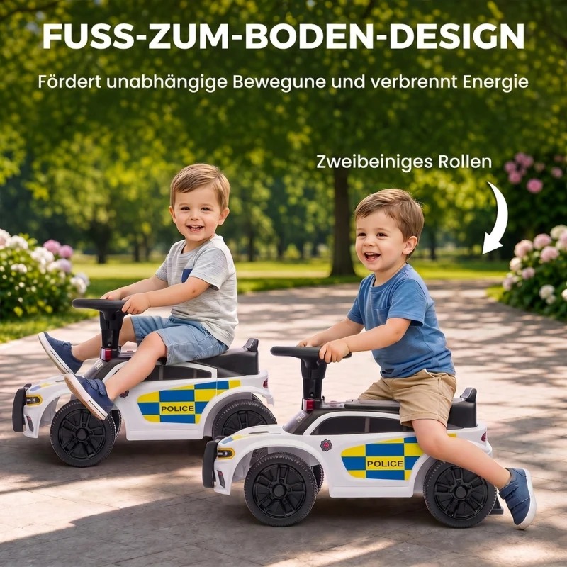 AIYAPLAY Rutschauto Kinder Polizei Rutschfahrzeug mit Musik Licht Anti-Kipp-Schutz & Stauraum unter dem Sitz 18-36 Monate Weiß
