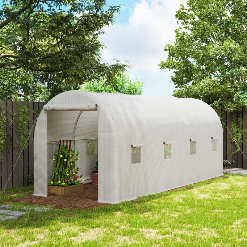 Outsunny Invernadero de Túnel 500x200x205 cm Invernadero de Jardín con Puerta Enrollable y 8 Ventanas Cubierta PE 140 g/m² Blanco
