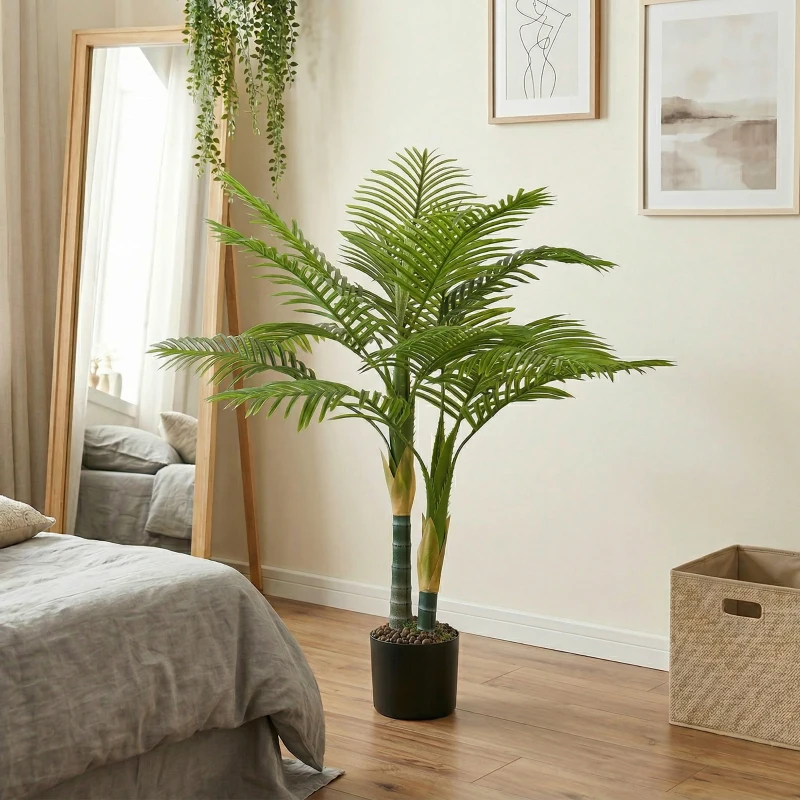 HOMCOM Artificial Palm Tree with 14 PEVA Leaves, 120cm Decorative Artificial Plant with Pot and Moss Effect, Green