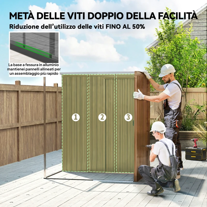 Outsunny Casetta da Giardino in Metallo con Prese d'Aria e Porta Scorrevole, 159x106x181 cm, Marrone