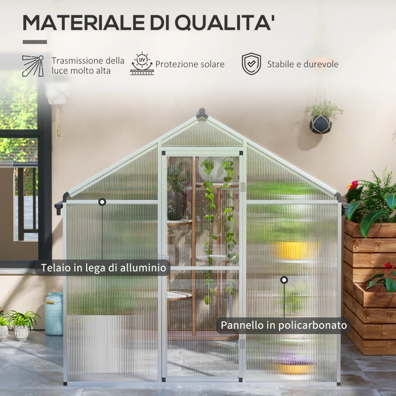 Outsunny Serra da Giardino in Policarbonato con Finestra, Porta con Blocco e Grondaia, 2.5x2x2m