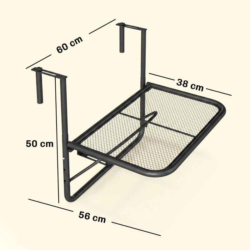 Outsunny Mesa Colgante de Balcón con Brazo Regulable y Altura Ajustable en 3 Posiciones Marco Metálico 60x56x50 cm Negro