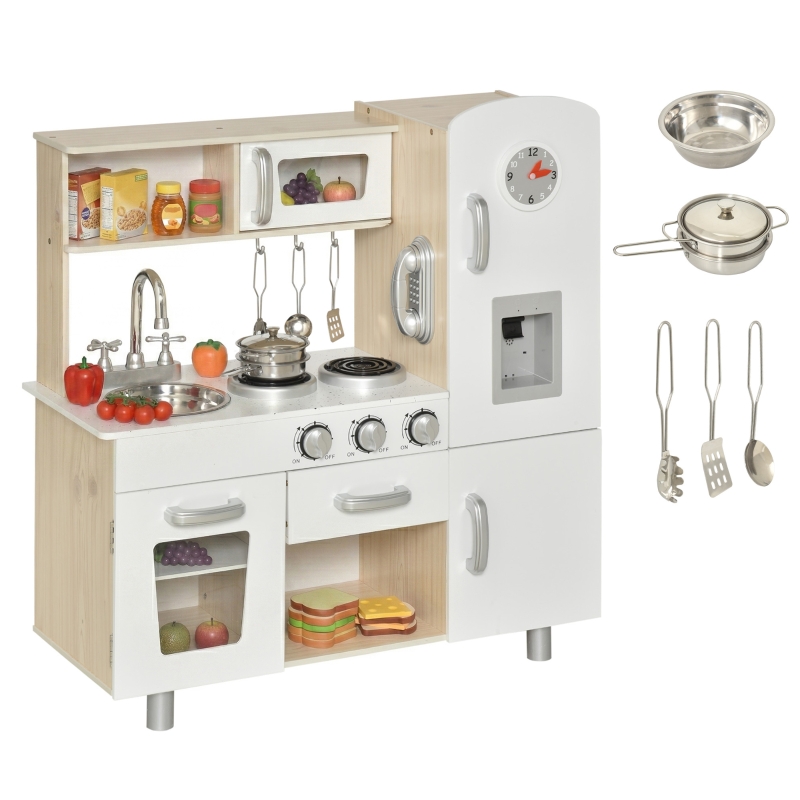 HOMCOM Cocina de Juguete de Madera con Fregadero Cocina de Inducción y Microondas Simulados con Accesorios Incluidos Cocina Infantil para +3 Años 74x30x81 cm Blanco