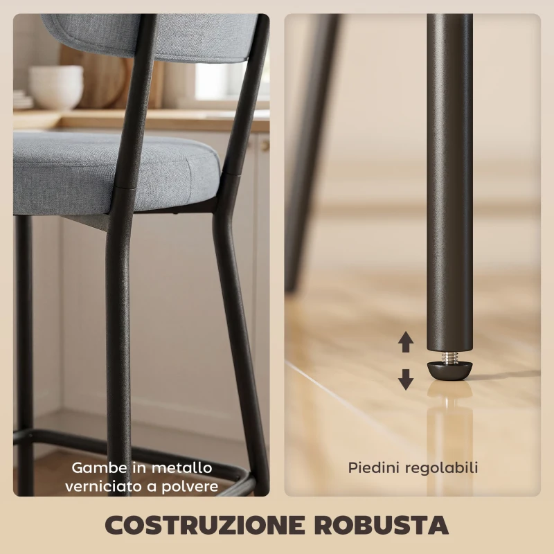 HOMCOM Set di 2 Sgabelli da Bar con Schienale e Poggiapiedi in Metallo e Tessuto, Grigio Chiaro