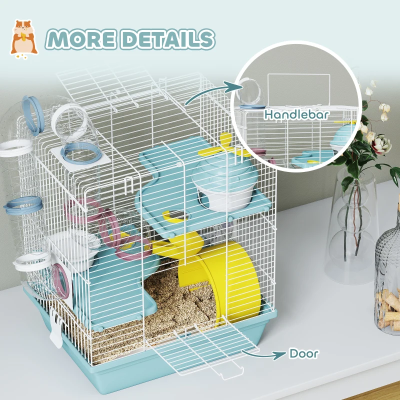 PawHut 3-Level Hamster Cage with Exercise Wheel, Water Bottle, Food Bowl, for Dwarf Hamsters, 34.5 x 27.5 x 41 cm, Blue