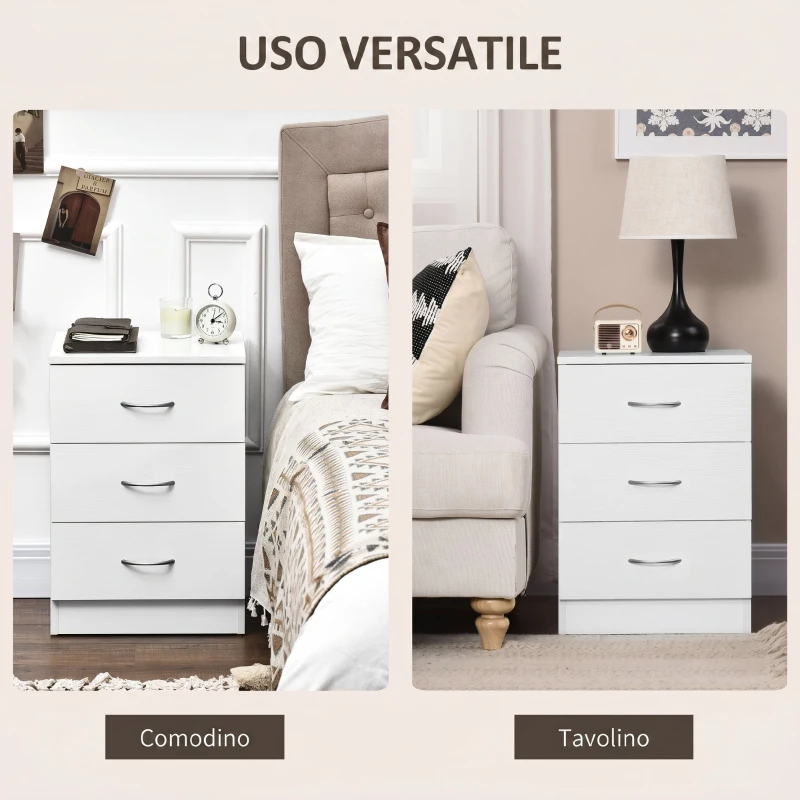 HOMCOM Comodino Camera da Letto con 3 Cassetti, Maniglie in Alluminio, Design Anti-Ribaltamento, 40x35x58 cm, Bianco