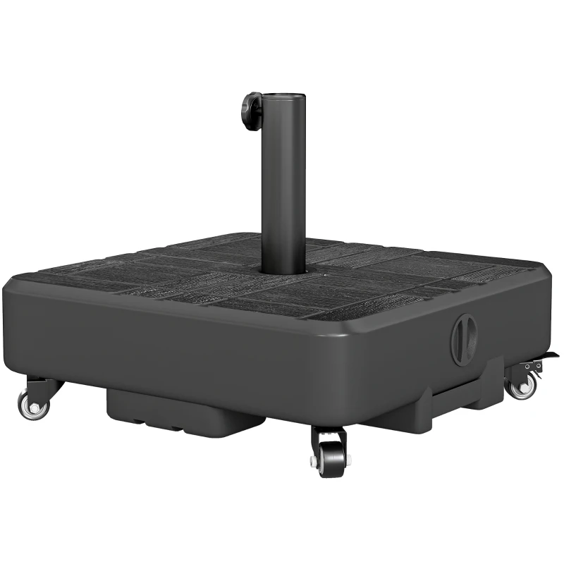 Outsunny Pied de parasol Carré, socle parasol extérieur avec roues Remplissable 35 kg Sable ou 28 L Eau, 48 x 48 x 38,5 cm, Noir