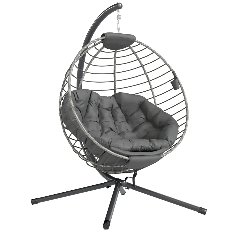 Outsunny PE Rattan Swing Chair, Outdoor Hanging Chair with Metal Stand, Thick Padded Cushion, Foldable Basket and Cup Holder, for Indoor and Outdoor, Grey