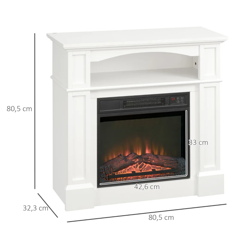 HOMCOM Camino Elettrico con Effetto Fiamma LED Regolabile 1800 W, Telecomando, Timer e Ripiano Integrato, Bianco