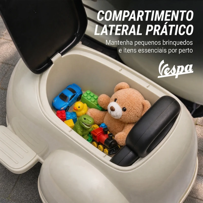 AIYAPLAY Mota Elétrica Infantil VESPA com 2 Assentos, Arranque Suave, Luz, Música, USB e Arrumação, Creme