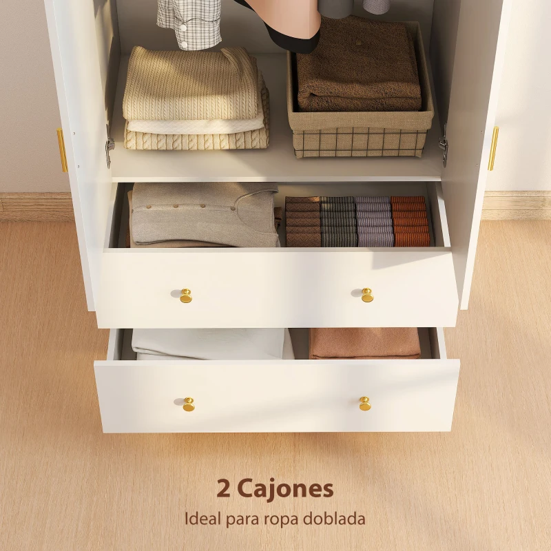 HOMCOM Armario Dormitorio 2 Puertas y 2 Cajones Armario Ropero con Espejo Barra para Colgar 80x50x180 cm Blanco