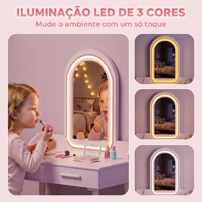 AIYAPLAY Toucador Infantil para Menina com Espelho LED de 3 Cores, Banco e 2 Gavetas, 3-8 Anos, Rosa