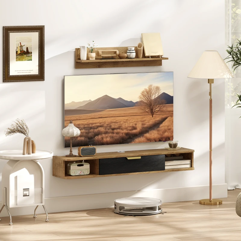 HOMCOM Conjunto de Muebles de Salón Muebles de TV con Estante de Pared Compartimentos Orificios para Cables 120x24x16 cm Roble