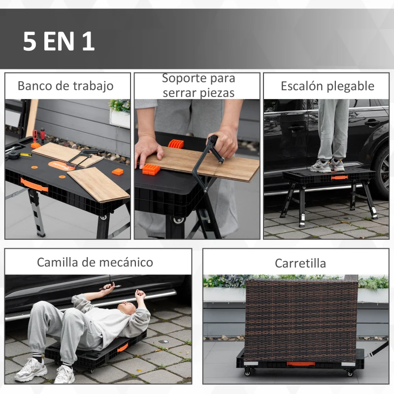 DURHAND Banco de Trabajo 5 en 1 Mesa de Trabajo con Altura Ajustable en 3 Niveles Patas Retráctiles 4 Ruedas Carga 150 kg Como Caballete de Sierra para Taller Garaje 105x74x80 cm Negro