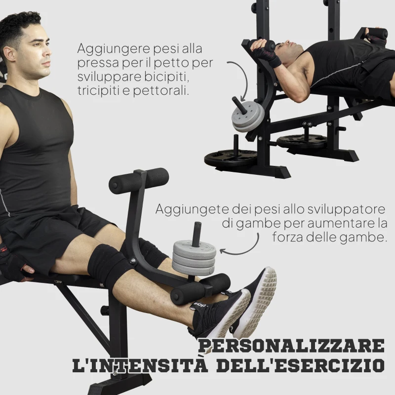 HOMCOM Panca Fitness con Leg Press, Squat Rack e Leg Extension, in Acciaio e PU, 180x134x200 cm, Nero e Argento