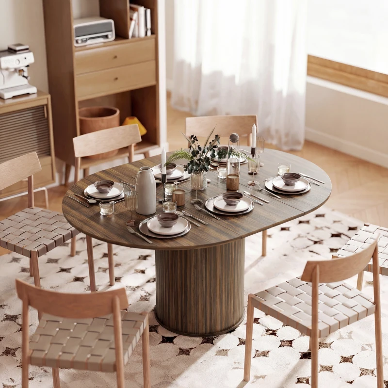 HOMCOM Tavolo da Pranzo Allungabile per 6-8 Persone, 110-150 cm, Tavolo da Cucina Ovale con Piedistallo Centrale Rotondo, Noce