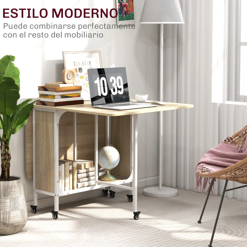 HOMCOM Mesa de Cocina Plegable con Ruedas Alas Abatibles y Estante Mesa Plegable para Salón 130x80x74 cm Madera Natural