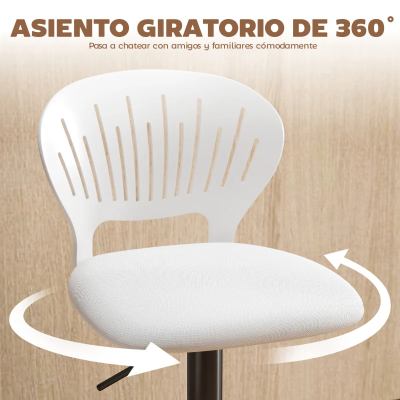 HOMCOM Juego de 2 Taburetes de Bar Giratorios en 360° Regulables en Altura de 84-105 cm Respaldo Hueco Reposapiés Blanco