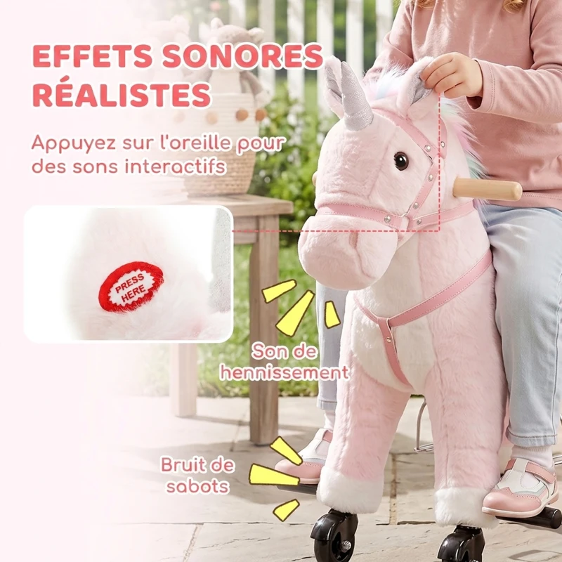 AIYAPLAY Cheval à Monter pour Enfant, Cheval à Roulettes en Peluche avec Effets Sonores, pour 1 à 3 Ans, Charge Max. 40kg, Rose