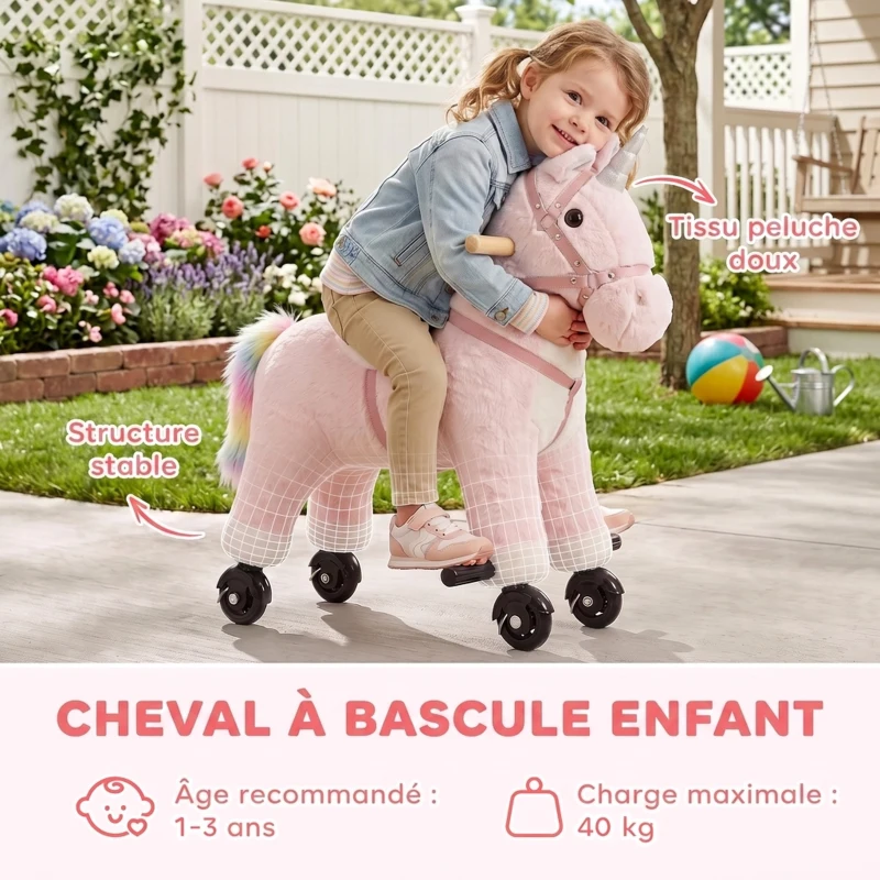 AIYAPLAY Cheval à Monter pour Enfant, Cheval à Roulettes en Peluche avec Effets Sonores, pour 1 à 3 Ans, Charge Max. 40kg, Rose