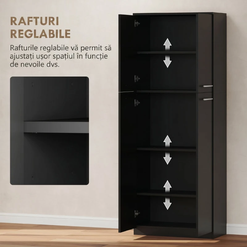 HOMCOM Mobilier de depozitare minimalist cu 2 dulapuri și rafturi reglabile, din lemn negru, 59x31x155 cm