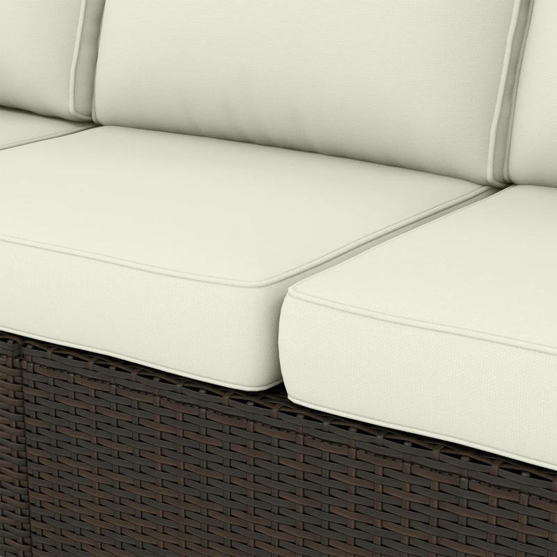 Outsunny 3 Seater Rattan Garden Sofa, PE Wicker Outdoor Sofa Wide Deep Seat, 4" Cushions, Wood-Effect Armrests Legs, Brown