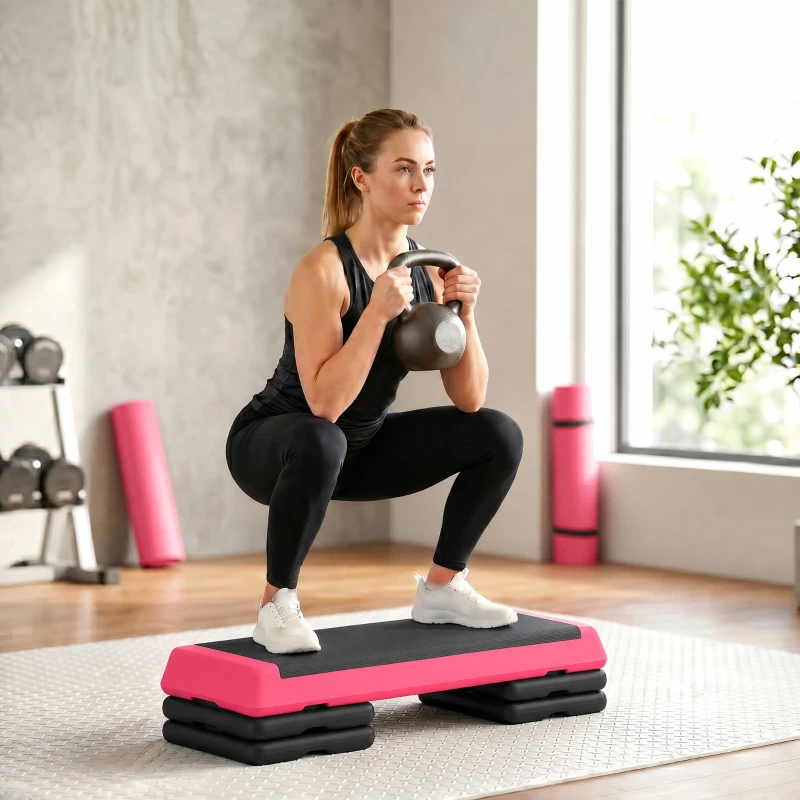 SPORTNOW Step de Aeróbic Step para Fitness Antideslizante Altura Regulable 3 Niveles 77x36x20,5cm Rosa y Negro