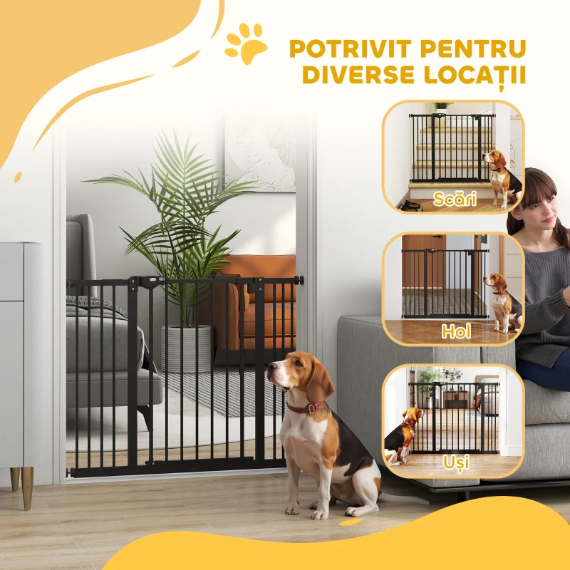 PawHut Poartă pentru câini cu 2 extensii, lățime reglabilă până la 100 cm și închidere automată, neagră