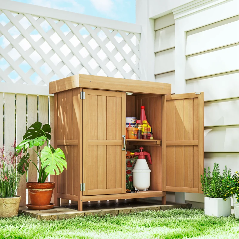 Outsunny Casetta in Legno da Giardino con 2 Ante, Armadio da Esterno Porta Attrezzi da Giardino con Tetto Apribile, 74x43x88 cm