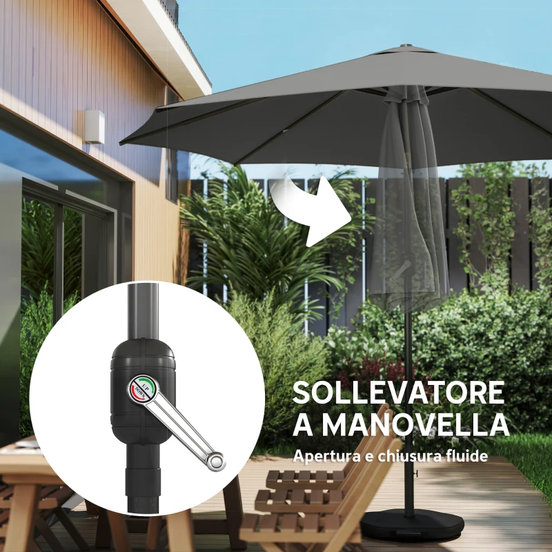 Outsunny Ombrellone Rotondo Inclinabile 3x3 m con Manovella, in Metallo e Poliestere, Grigio Scuro