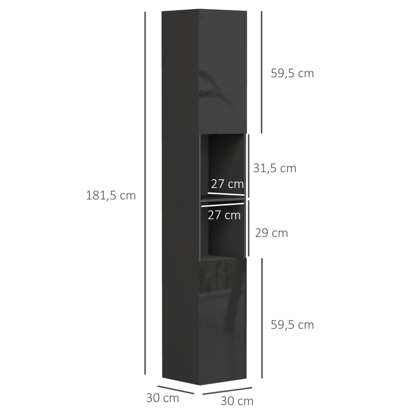kleankin Mobile colonna bagno 2 ante con ripiani regolabili e 2 nicchie, 30x30x181.5 cm, nero