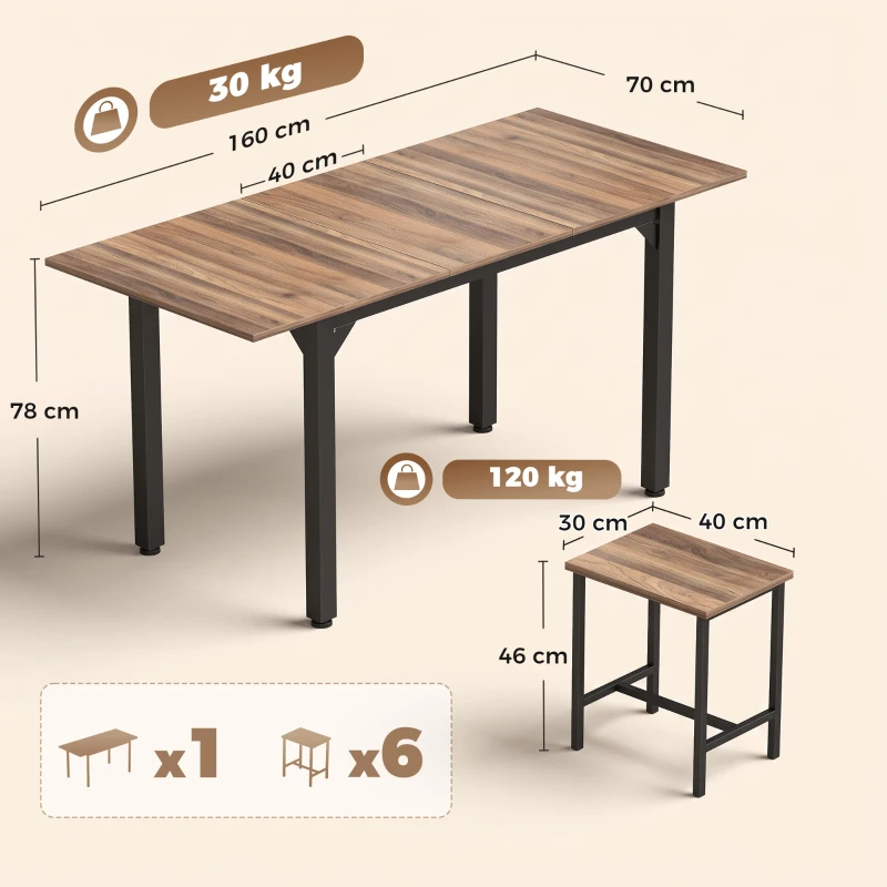 HOMCOM Set Pranzo con Tavolo Allungabile a 160cm e 6 Sgabelli per 4-6 Persone, Nero e Noce