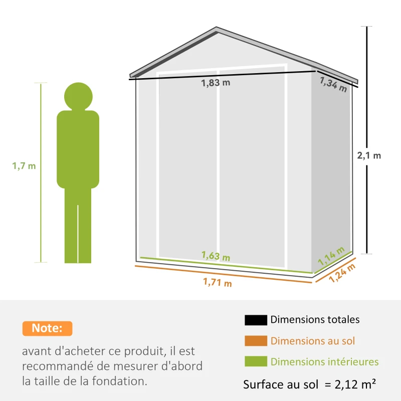 Outsunny Abri de jardin cabanon en résine polypropylène 2,12 m² - 2 portes 1 fenêtre et 1 grille d'aération, toit à pignon, gris(m-3)