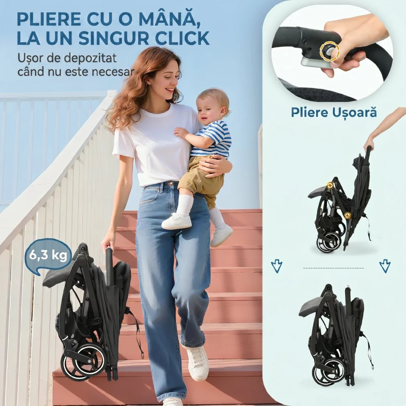 AIYAPLAY Cărucior pentru copii 0-3 ani, pliabil și ușor, cu spătar reglabil, copertină, coș de depozitare, gri închis