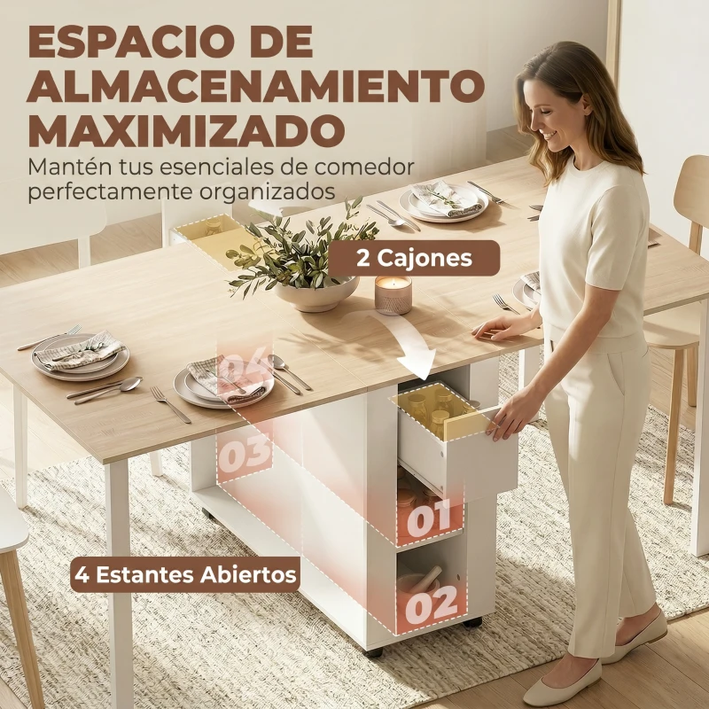 HOMCOM Mesa de Cocina Plegable para 6 Personas con Alas Abatibles Cajón Estantes Abiertos 168,2x85x73 cm Blanco