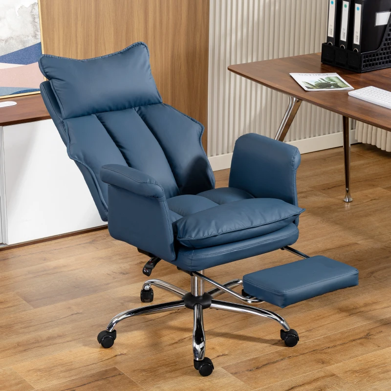 HOMCOM Silla de Escritorio con Reposapiés Respaldo Reclinable Alto Acolchado Grueso Tapizada en Cuero Sintético Ruedas Azul