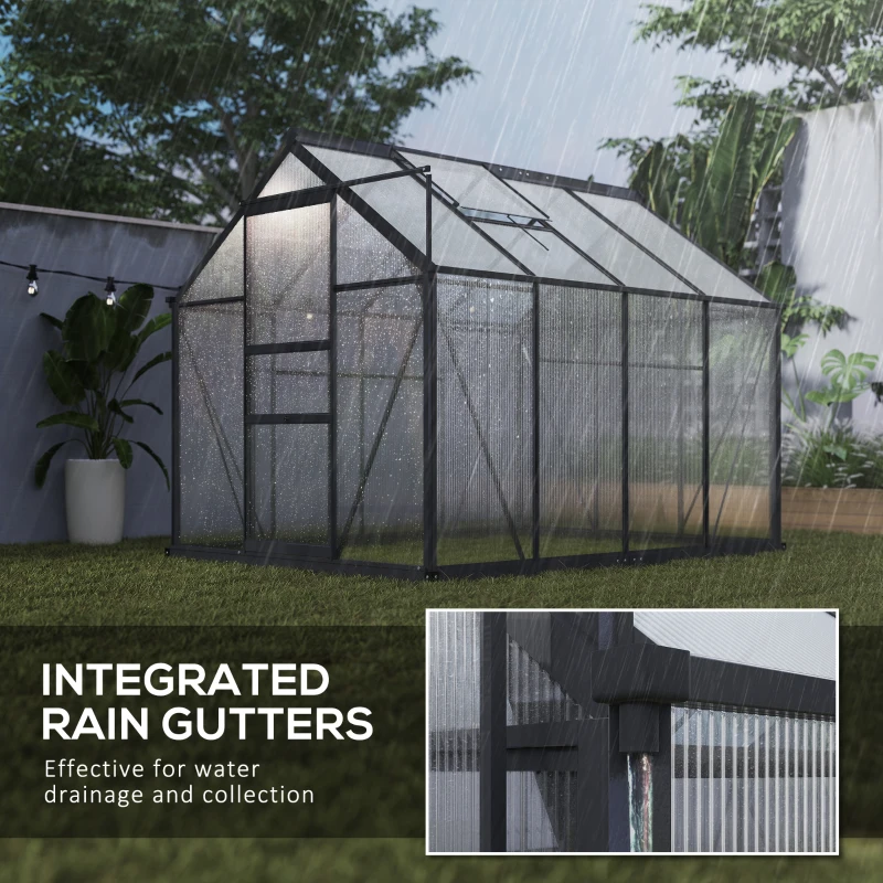 Outsunny 6 x 8ft Polycarbonate Greenhouse, Large Walk in Green House with Slide Door and Window, Garden Plants Grow House with Aluminium Frame and Foundation, Grey