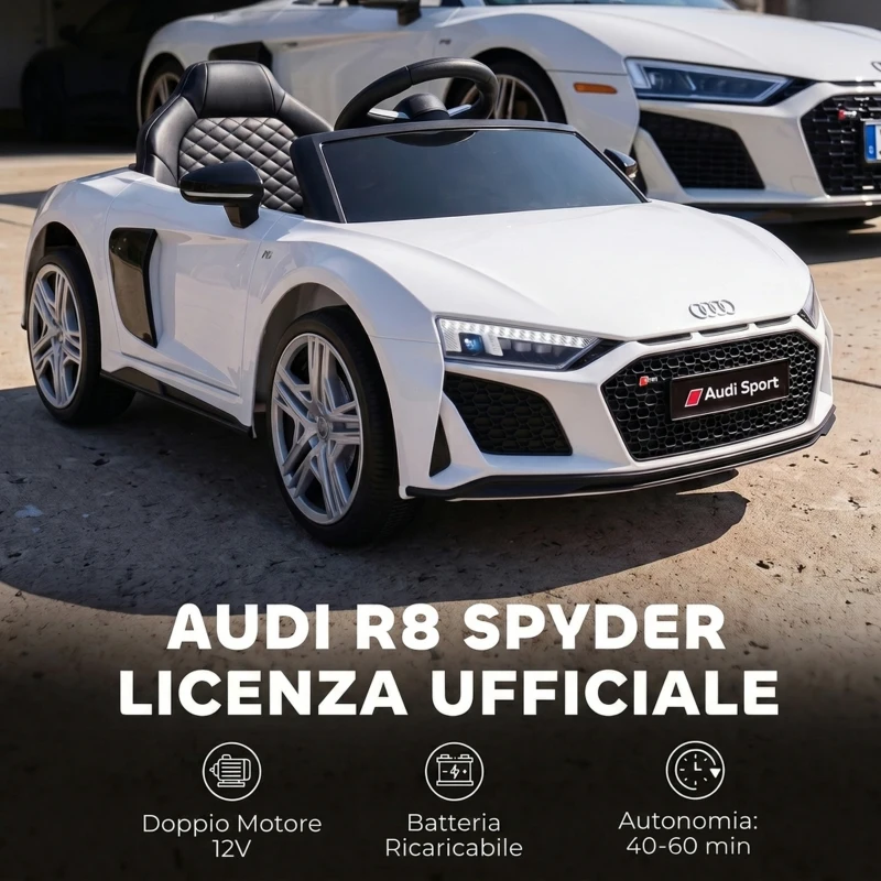 AIYAPLAY Macchina Elettrica per Bambini 3+ Anni 12V Audi R8 Spyder, 3-5 km/h con 2 Motori e Telecomando, Bianco