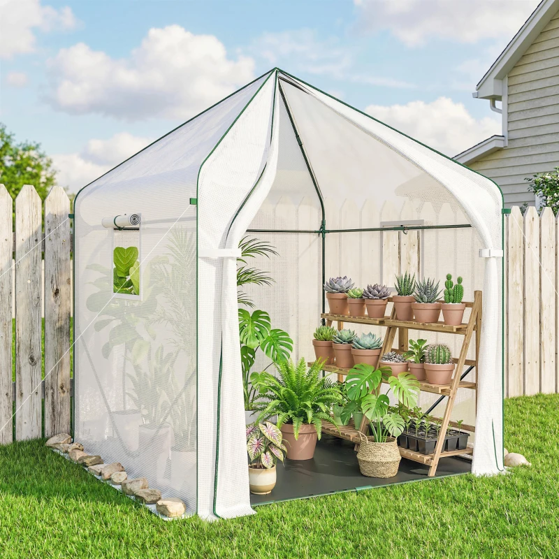 Outsunny Walk-in Greenhouse for Outdoors with Steel Frame, Large Plant House with Roll-up Door and PE Ground Cover, White