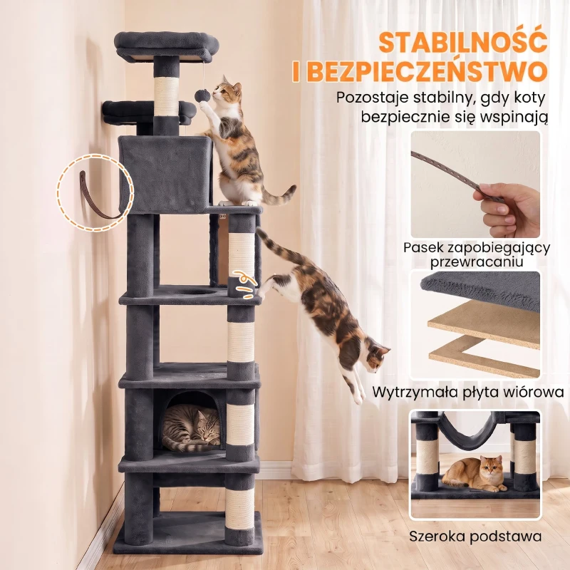 PawHut Árvore Arranhadora para Gatos 204 cm Multinível com 2 Tocas, Rede, 2 Camas, Postes de Sisal, Escada e 2 Bolas, Cinzento-Escuro