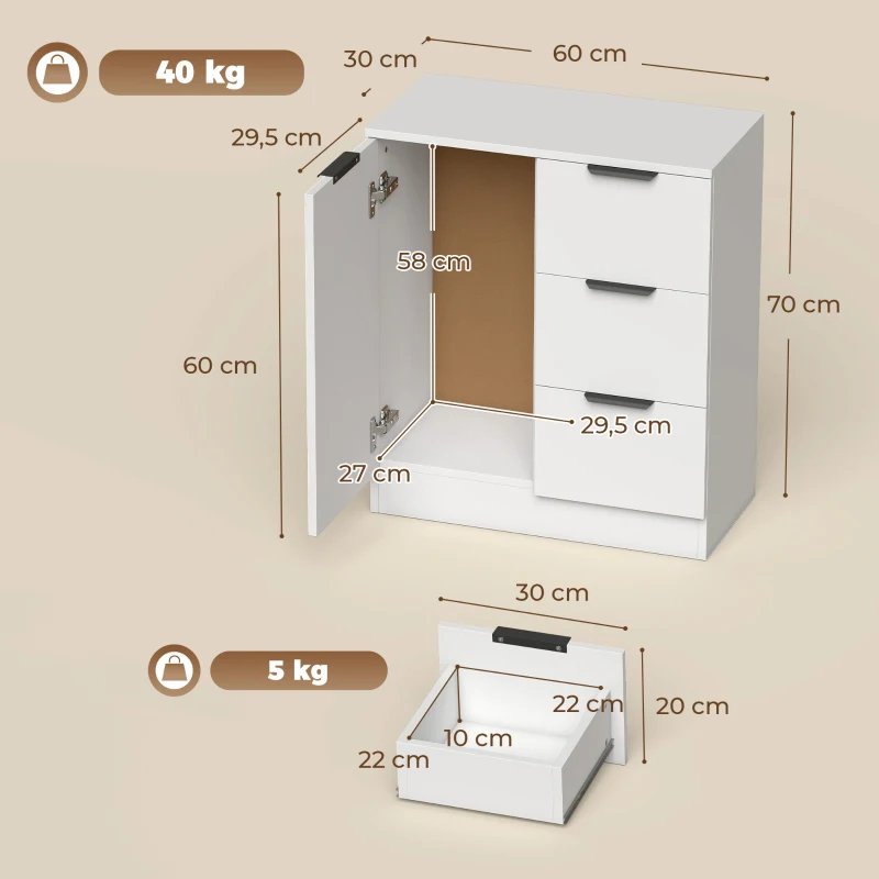 HOMCOM Credenza Moderna con 3 Cassetti e Anta Soft-Close, 60x30x70 cm, Bianco