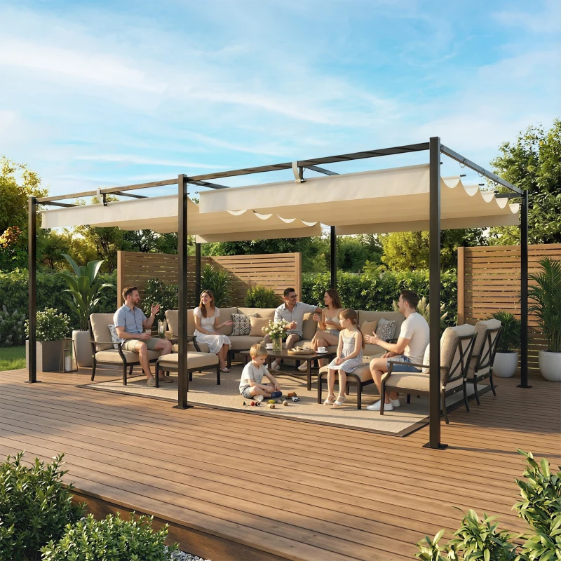 Outsunny Pergola da Giardino con Tettuccio Scorrevole UV50+ in Metallo, 5.7x2.95m, Beige