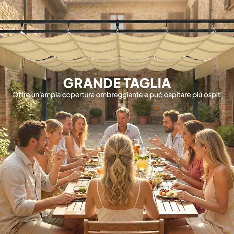 Outsunny Pergola da Giardino con Tettuccio Scorrevole UV50+ in Metallo, 5.7x2.95m, Beige