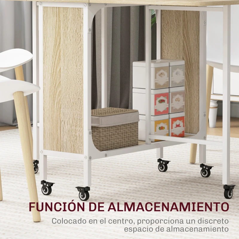 HOMCOM Mesa de Cocina Plegable con Ruedas Alas Abatibles y Estante Mesa Plegable para Salón 130x80x74 cm Madera Natural