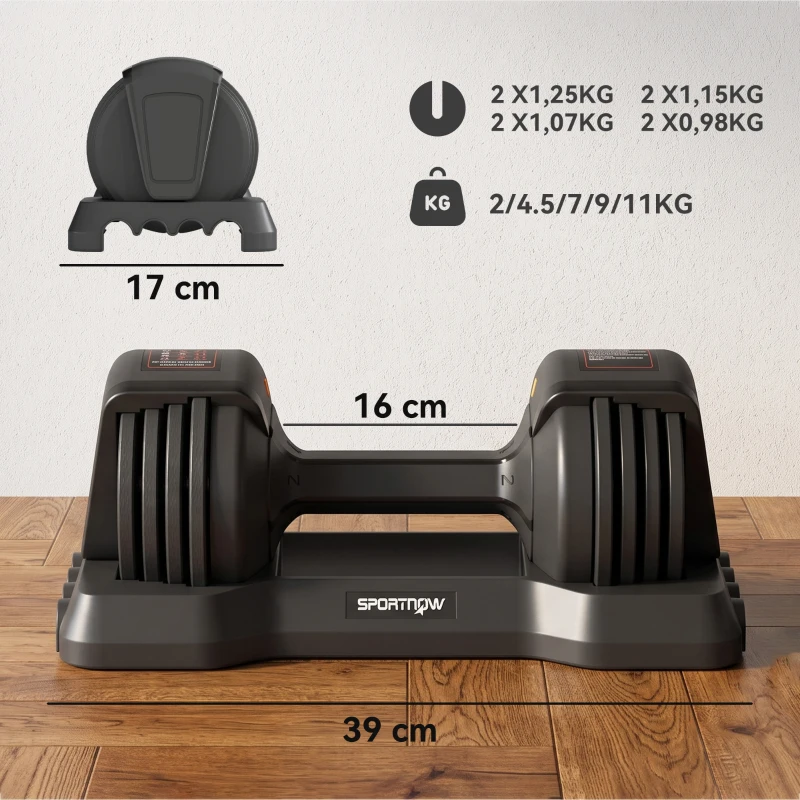 SPORTNOW Set Manubri Regolabili 5 in 1 Quick-Dial 11 kg Nero